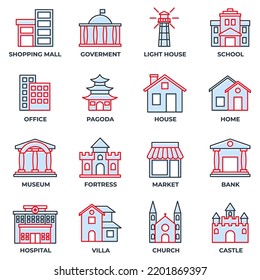 Set of Building icon logo vector illustration. bank, shopping mall, castle, fortress, hospital, house and more pack symbol template for graphic and web design collection