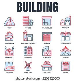 Set of Building icon logo vector illustration. municipal, hotel, garage, bungalow, mosque, railway station and more pack symbol template for graphic and web design collection