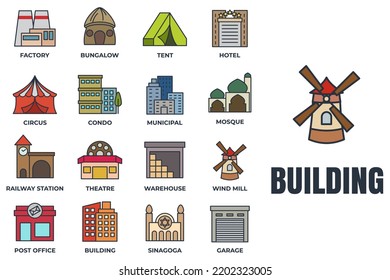 Set of Building icon logo vector illustration. municipal, hotel, garage, bungalow, mosque, railway station and more pack symbol template for graphic and web design collection