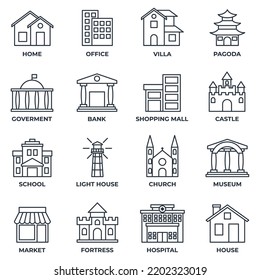 Set of Building icon logo vector illustration. bank, shopping mall, castle, fortress, hospital, house and more pack symbol template for graphic and web design collection