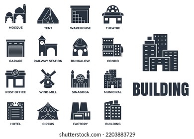 Set of Building icon logo vector illustration. municipal, hotel, garage, bungalow, mosque, railway station and more pack symbol template for graphic and web design collection