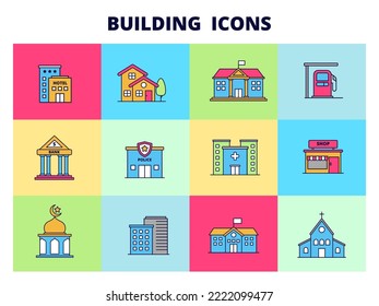 Set of building icons with a colorful design. Buildings vector illustration collections