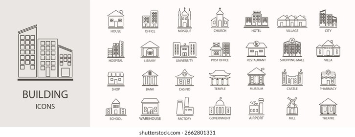 Set von Gebäudesymbolen. Hotel, Apotheke, Krankenhaus, Wohnung, Bibliothek, Stadt, Einkaufszentrum, Sammlung. Einfache Vektorgrafik. Erstellen von Symbolen