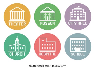Set of building icons with inscriptions. Vector.