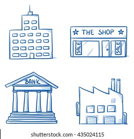 Set of building icons, office, shop, factory, bank. Hand drawn cartoon vector illustration.