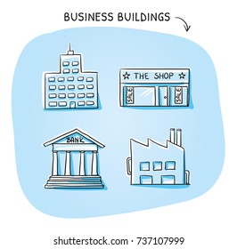 Set of building icons, office, shop, factory, bank on blue background.Hand drawn cartoon sketch vector illustration, marker style coloring. 