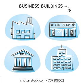 Set of building icons, office, shop, factory, bank. Hand drawn cartoon sketch vector illustration, blue marker style coloring. 