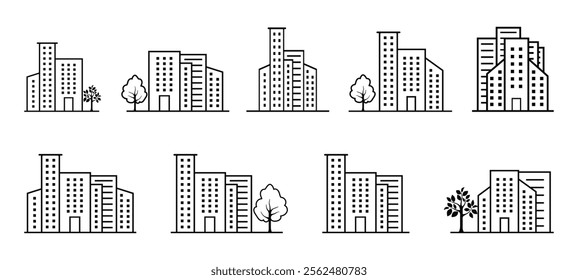 Set of building icons outline real estate business skyscraper architecture city vector modern urban buttons