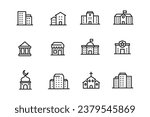 Set of building icons in simple line style on white background