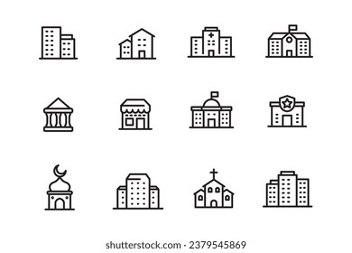 Set of building icons in simple line style on white background