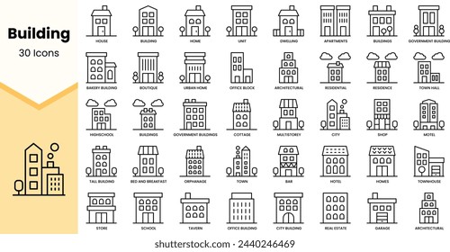 Set of building icons. Simple line art style icons pack. Vector illustration