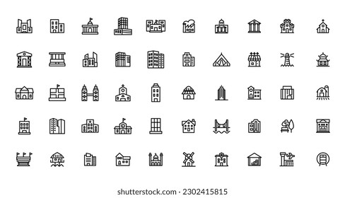 set of building icons, such as city, apartment, condominium, town. Outline icons collection.

