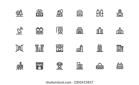 set of building icons, such as city, apartment, condominium, town. Outline icons collection.
