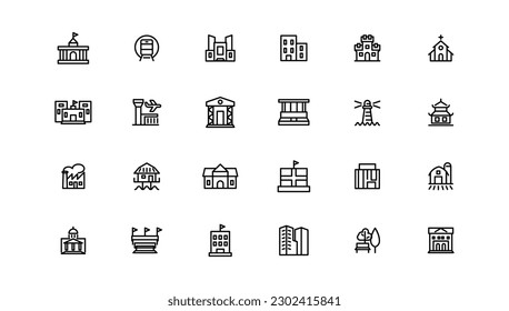 set of building icons, such as city, apartment, condominium, town. Outline icons collection.
