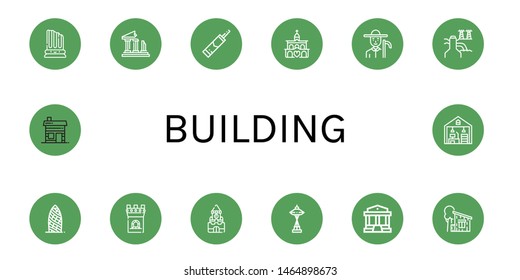 Set of building icons such as Column, Ruins, Silicone, Church, Farmer, Power plant, Tower, Kremlin, Parthenon, Cottage, Hut, Home office , building