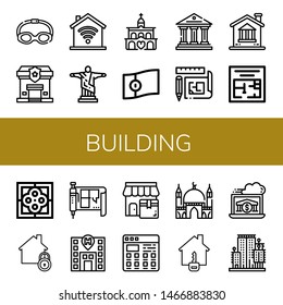 Set Of Building Icons Such As Goggles, Police Station, Domotics, Christ The Redeemer, Church, Portugal, Bank, Blueprint, Evacuation Plan, Tile, Home, Hotel, Shop, Tiles , Building