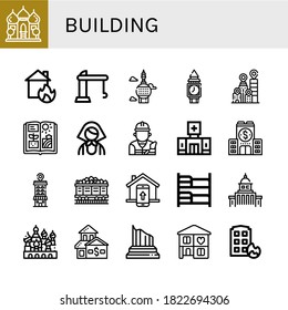 Set of building icons. Such as Mosque, House on fire, Crane, Tower, Clock tower, City, Agriculture, Russian, Builder, Clinic, Company, Store, Coal, Smart home , building icons