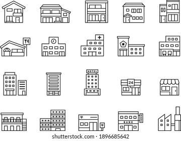 A set of building icons.
There are houses, restaurants, schools, hospitals, police stations, fire stations, buildings, condominiums, hotels, convenience stores, factories, etc.