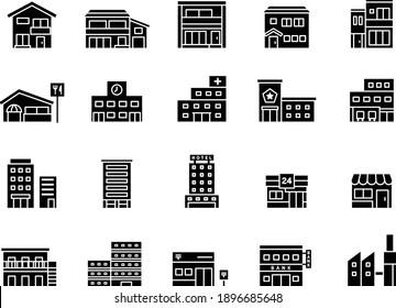 A set of building icons.
There are houses, restaurants, schools, hospitals, police stations, fire stations, buildings, condominiums, hotels, convenience stores, factories, etc.