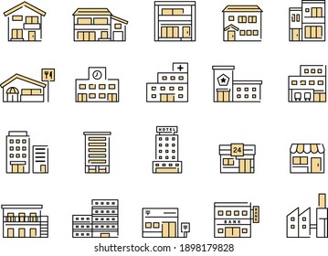 A set of building icons.
There are houses, restaurants, schools, hospitals, police stations, fire stations, buildings, condominiums, hotels, convenience stores, factories, etc.