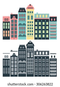 Set of building illustrations arranged in a row.