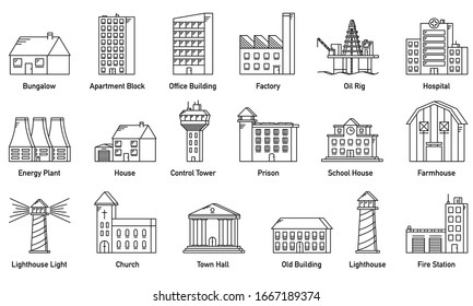 An set of building illustrations icons symbols graphics