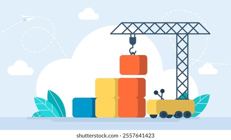 Set building infographic. Tower crane and building color block. Infographic business graph template design. Building to success concept. Template building business. Vector Illustration