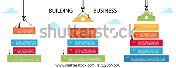 Set building infographic. tower crane\
and building color block. Infographic template building business.\
Vector Illustration in modern flat style.\
