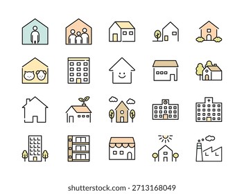 Conjunto de icono de línea de construcción. Casa, apartamento, escuela, hospital y fábrica. Ilustraciones vectoriales de colores