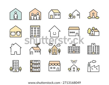 Set of building line icon. House, apartment, school, hospital and factory. Colored vector illustrations
