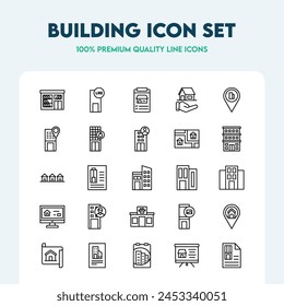 Set of building line icons such as offices, houses, pet hospitals, and more. Editable stroke. Premium quality icon collection.