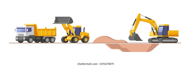 Set of building machines. Construction equipment and machinery - excavator, truck, loader. Vector illustrations.