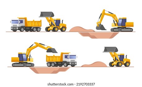 Set of building machines. Construction equipment and machinery - excavator, truck, loader. Vector illustrations.