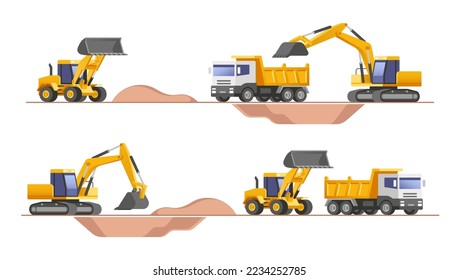 Set of building machines. Construction equipment and machinery - excavator, truck, loader. Vector illustrations.