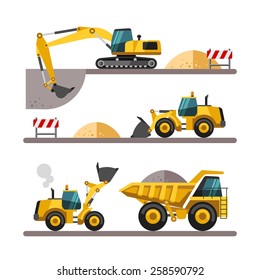 Set of building machines. Construction equipment and machinery - excavator, truck, loader. Vector illustrations in flat style.