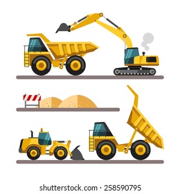 Set of building machines. Construction equipment and machinery - excavator, truck, loader. Vector illustrations in flat style.