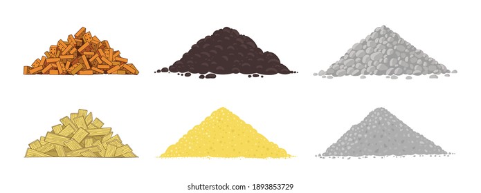 Set of Building material heaps. Used for construction. Pebble stones and bricks pile. Sand earth and boards. Boulders rocks. Vector illustration.