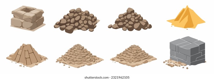 Set of building material piles (sand, stones, cement, crushed stone, brick, gypsum). Building material piles. Vector illustrations can be used for construction sites, works, industry. EPS 10.
