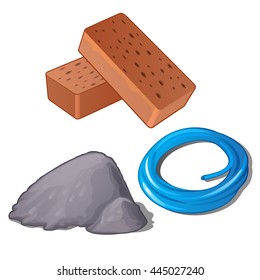 A set of building materials. Brick, cement and wire isolated on white background. Vector illustration.