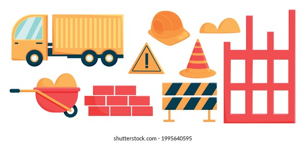 Set of building materials. Brick, helmet, sand, cement, cone, truck, car, cart with sand, warning sign. Building construction the frame of the building. Flat vector illustrations isolated on a white