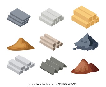 Conjunto de materiales de construcción al estilo de las caricaturas. Iconos vectoriales, vigas de madera, estructuras de hormigón, tuberías, arena, tierra, grava, vigas de hierro sobre fondo blanco.