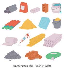 Un conjunto de iconos de materiales de construcción. Bienes de construcción para la renovación y reparación de viviendas. Ilustraciones vectoriales planas aisladas en un fondo blanco.