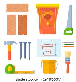 Set of building materials and tools for building birdhouse. Crafts made of wooden boards and nails. Do it yourself. Drawing of bird house. Bird protection Day . Vector illustration in cartoon style