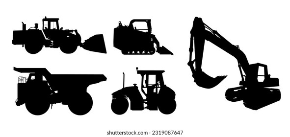 Set of building mechine bulldozer loader vector silhouette isolated.