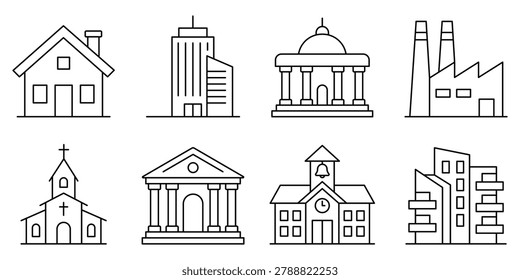 Set of building outline icons including house, office skyscraper, government building, factory, church, bank, school, and modern apartment complex, architecture vector illustration.
