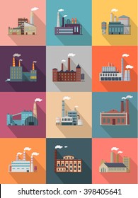 Set of building plant or industrial factory. Building big set of plant and factory of industry power or refinery, industrial energy power construction plant with pipe smoke. Vector illustration