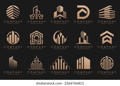 Inspiración en el diseño de un conjunto de edificios, bienes raíces y el logo de Construcción.