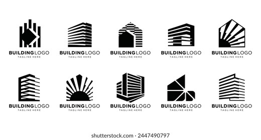 Set of Building, Real Estate, and Construction logo design inspiration. black and white background.