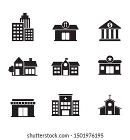 Set of building related icon such as school, hospital, house and more with black and white design