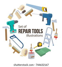 Set of building repair tools, cartoon illustration of repair tools. Vector
